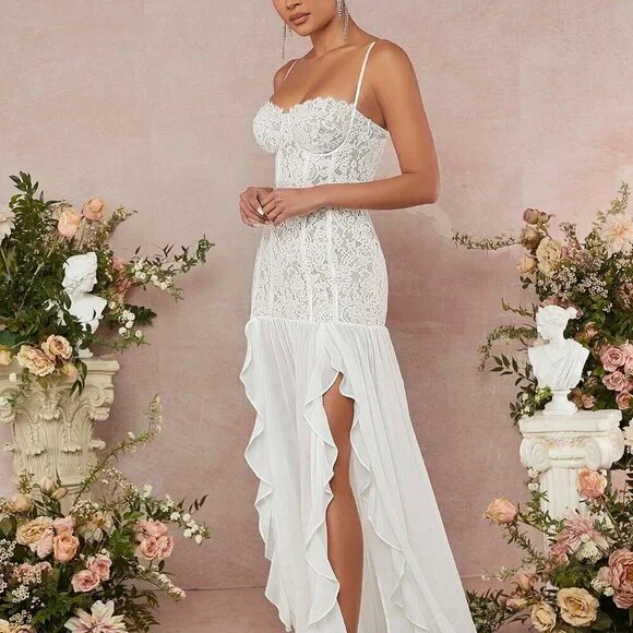 White Preppy Women's Lace Bustier Split Thigh Ruffle Maxi Dress - Picture 3 of 6